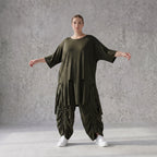 Damen Shirt Avantgarde Lyocell Khaki, A-Linie, Kurzarm, Volant, Oversize große Größen – AKH Premium