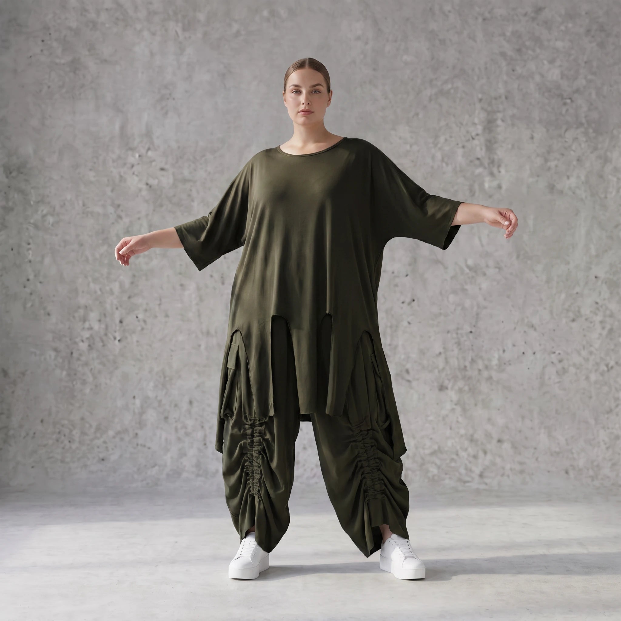 Damen Shirt Avantgarde Lyocell Khaki, A-Linie, Kurzarm, Volant, Oversize große Größen – AKH Premium