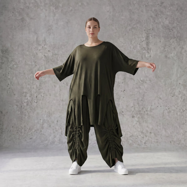 Damen Shirt Avantgarde Lyocell Khaki, A-Linie, Kurzarm, Volant, Oversize große Größen – AKH Premium