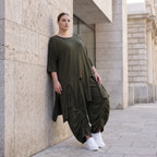 Damen Shirt Avantgarde Lyocell Khaki, A-Linie, Kurzarm, Volant, Oversize große Größen – AKH Premium