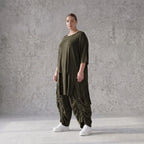 Damen Shirt Avantgarde Lyocell Khaki, A-Linie, Kurzarm, Volant, Oversize große Größen – AKH Premium