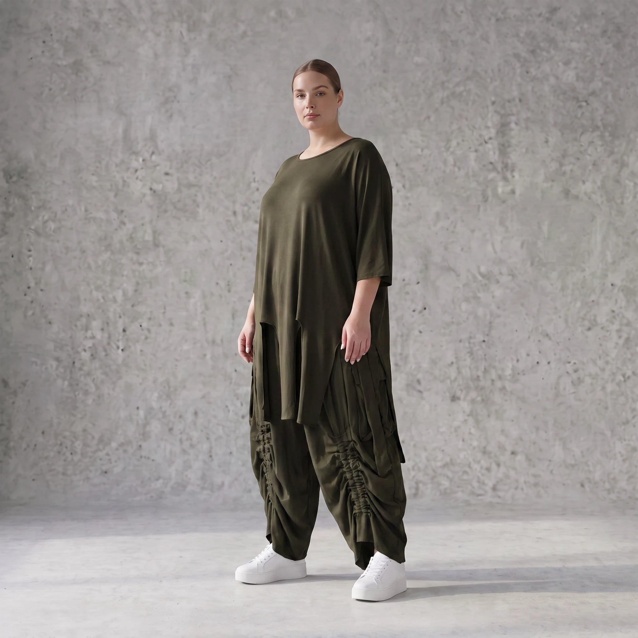Damen Shirt Avantgarde Lyocell Khaki, A-Linie, Kurzarm, Volant, Oversize große Größen – AKH Premium