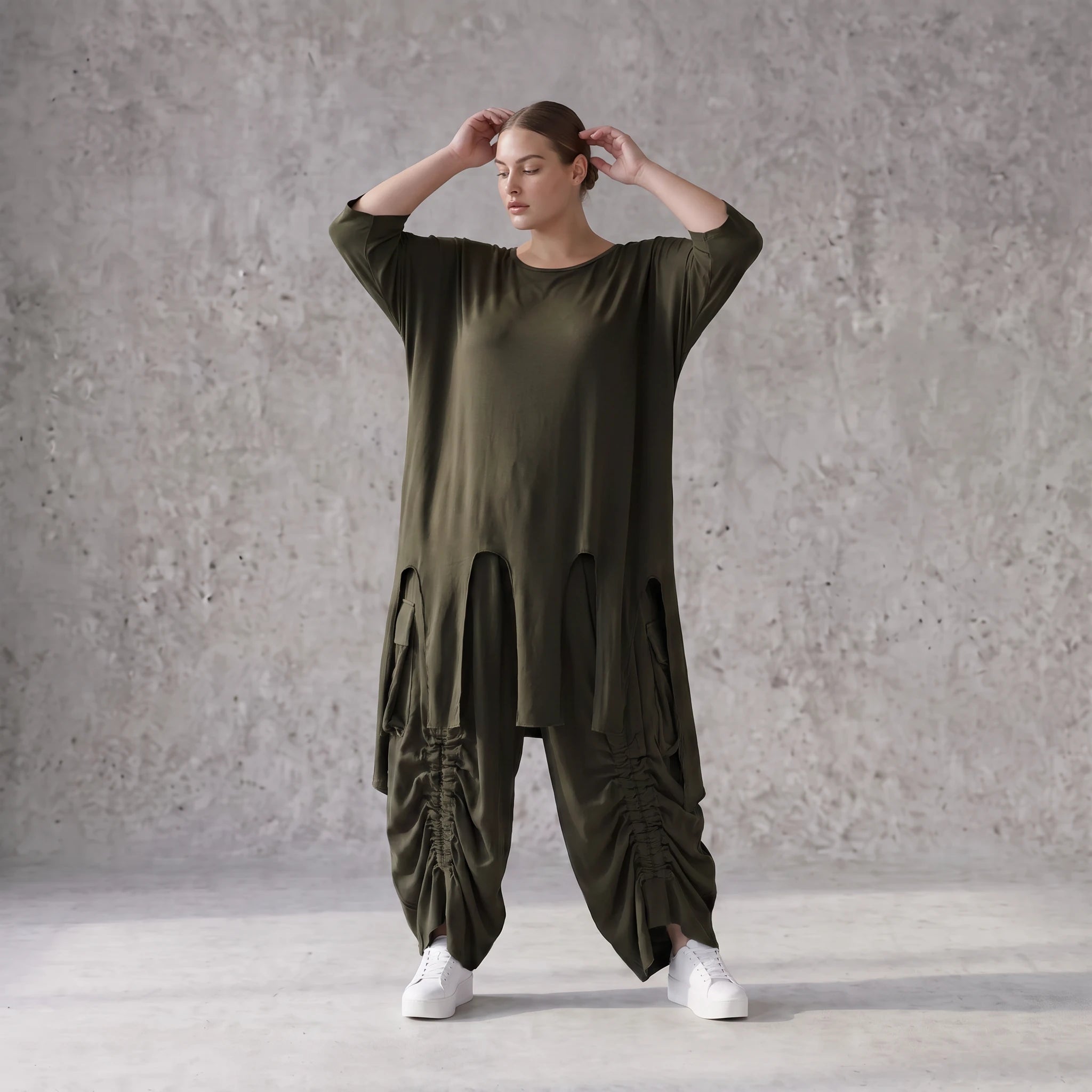 Damen Shirt Avantgarde Lyocell Khaki, A-Linie, Kurzarm, Volant, Oversize große Größen – AKH Premium