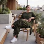 Damen Shirt Avantgarde Lyocell Khaki, A-Linie, Kurzarm, Volant, Oversize große Größen – AKH Premium