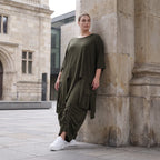 Damen Shirt Avantgarde Lyocell Khaki, A-Linie, Kurzarm, Volant, Oversize große Größen – AKH Premium