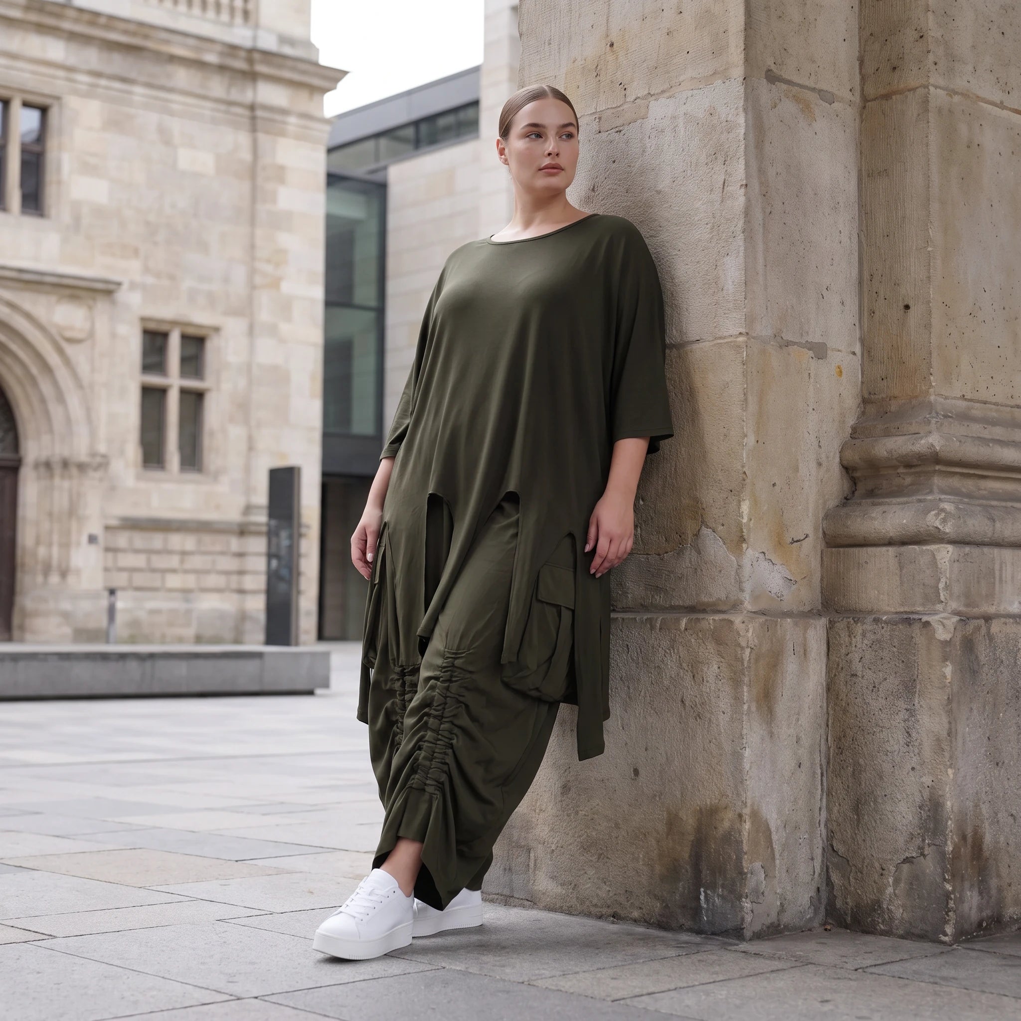 Damen Shirt Avantgarde Lyocell Khaki, A-Linie, Kurzarm, Volant, Oversize große Größen – AKH Premium