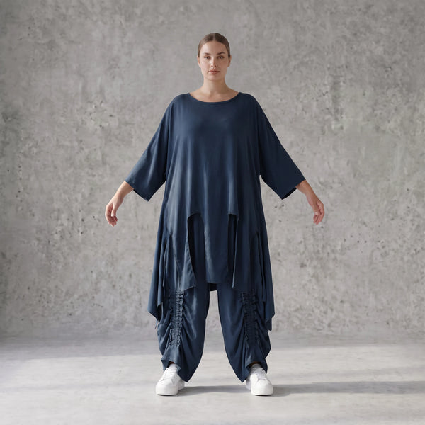 Damen Shirt Avantgarde Lyocell Petrol, A-Linie, Kurzarm, Volant, Oversize große Größen – AKH Premium