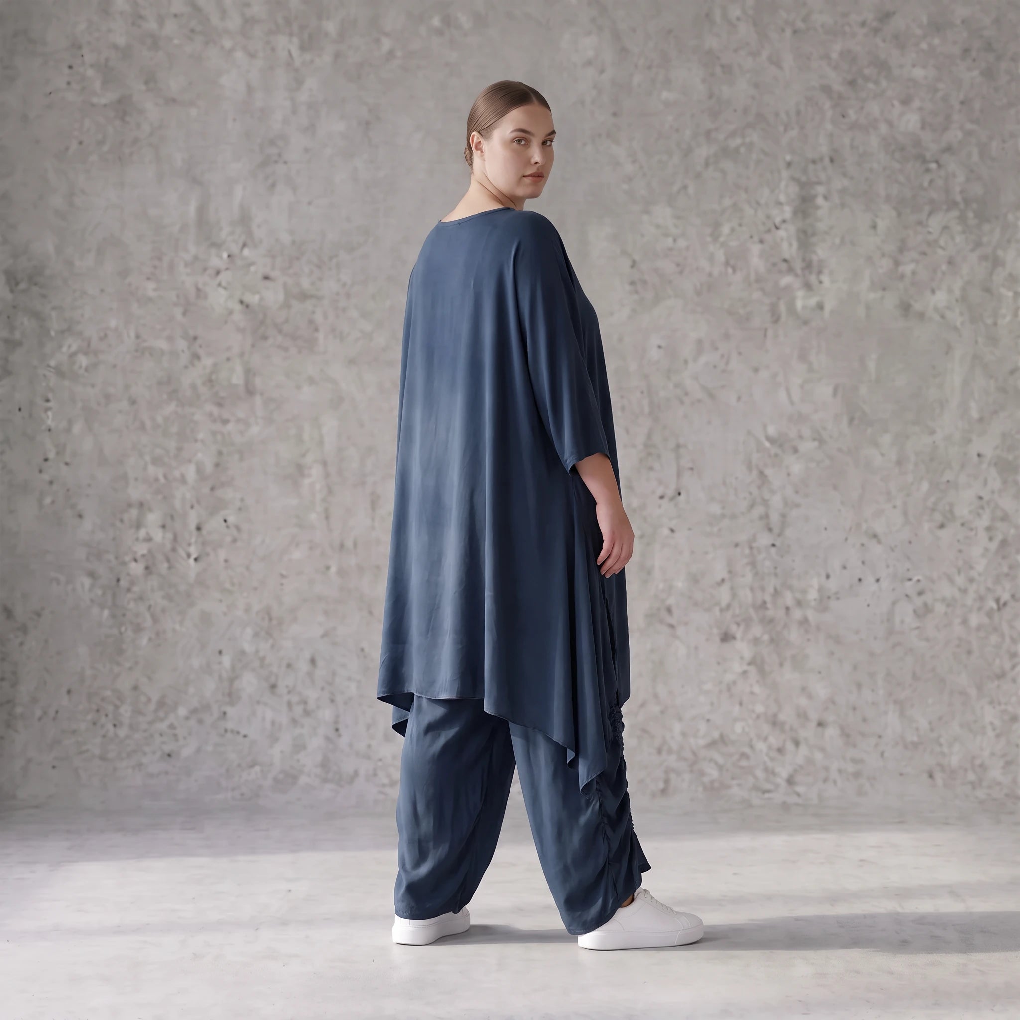 Damen Shirt Avantgarde Lyocell Petrol, A-Linie, Kurzarm, Volant, Oversize große Größen – AKH Premium