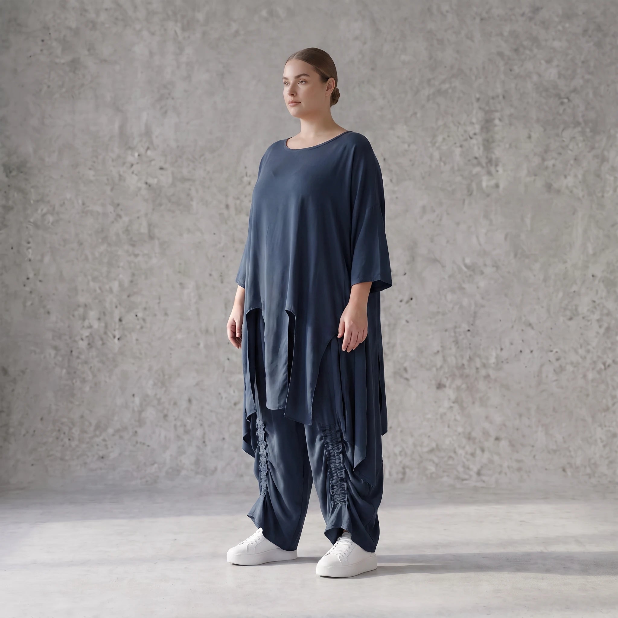 Damen Shirt Avantgarde Lyocell Petrol, A-Linie, Kurzarm, Volant, Oversize große Größen – AKH Premium