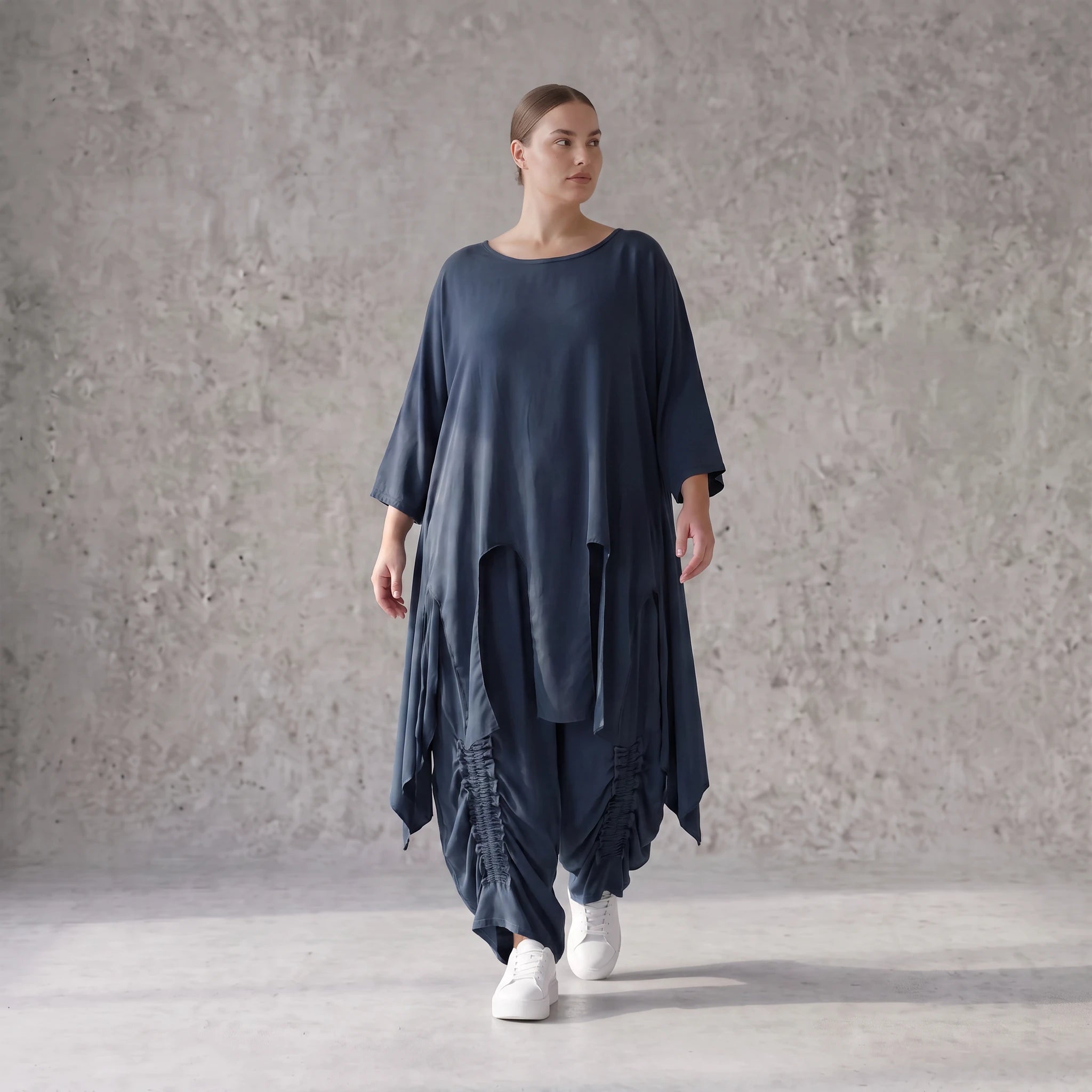 Damen Shirt Avantgarde Lyocell Petrol, A-Linie, Kurzarm, Volant, Oversize große Größen – AKH Premium