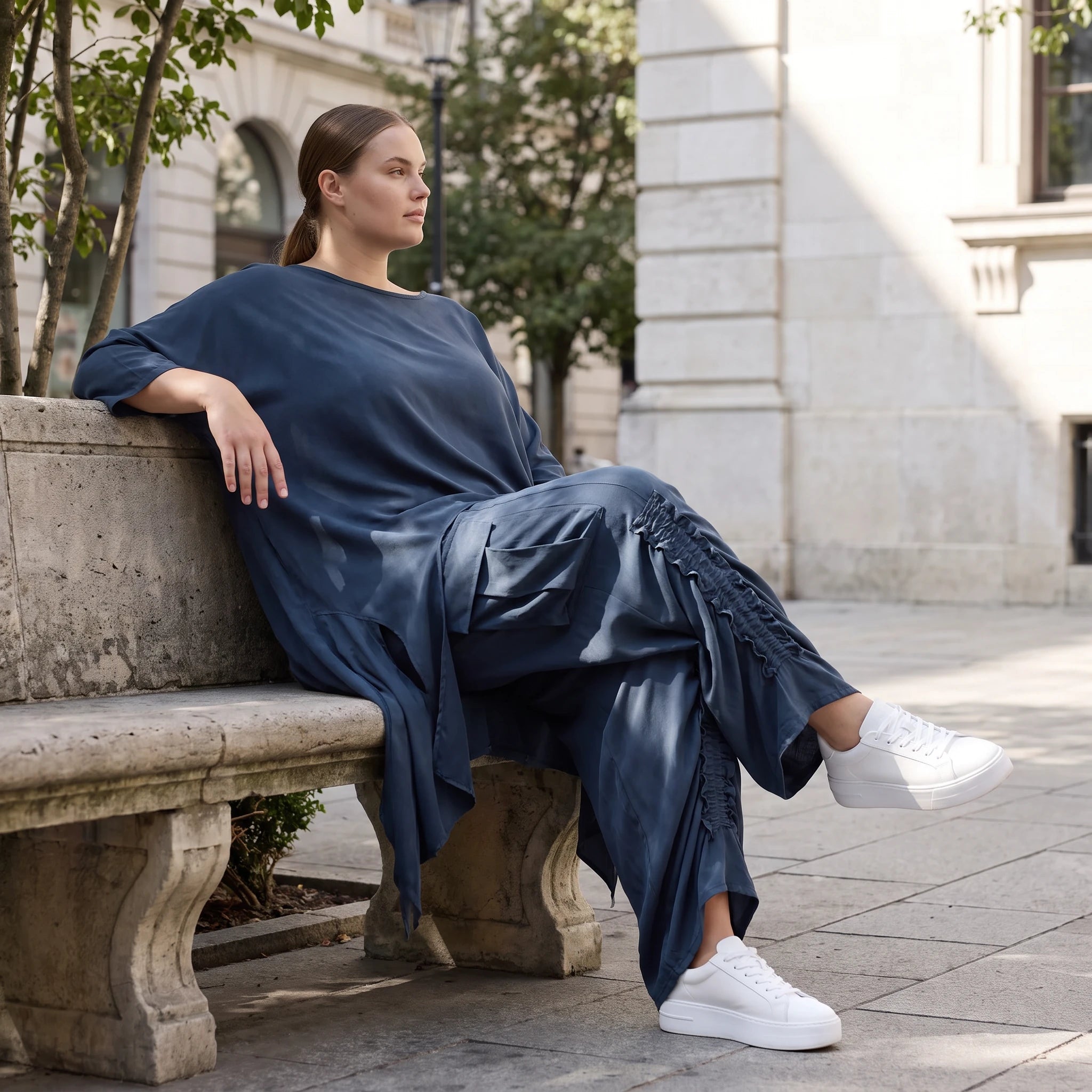 Damen Shirt Avantgarde Lyocell Petrol, A-Linie, Kurzarm, Volant, Oversize große Größen – AKH Premium