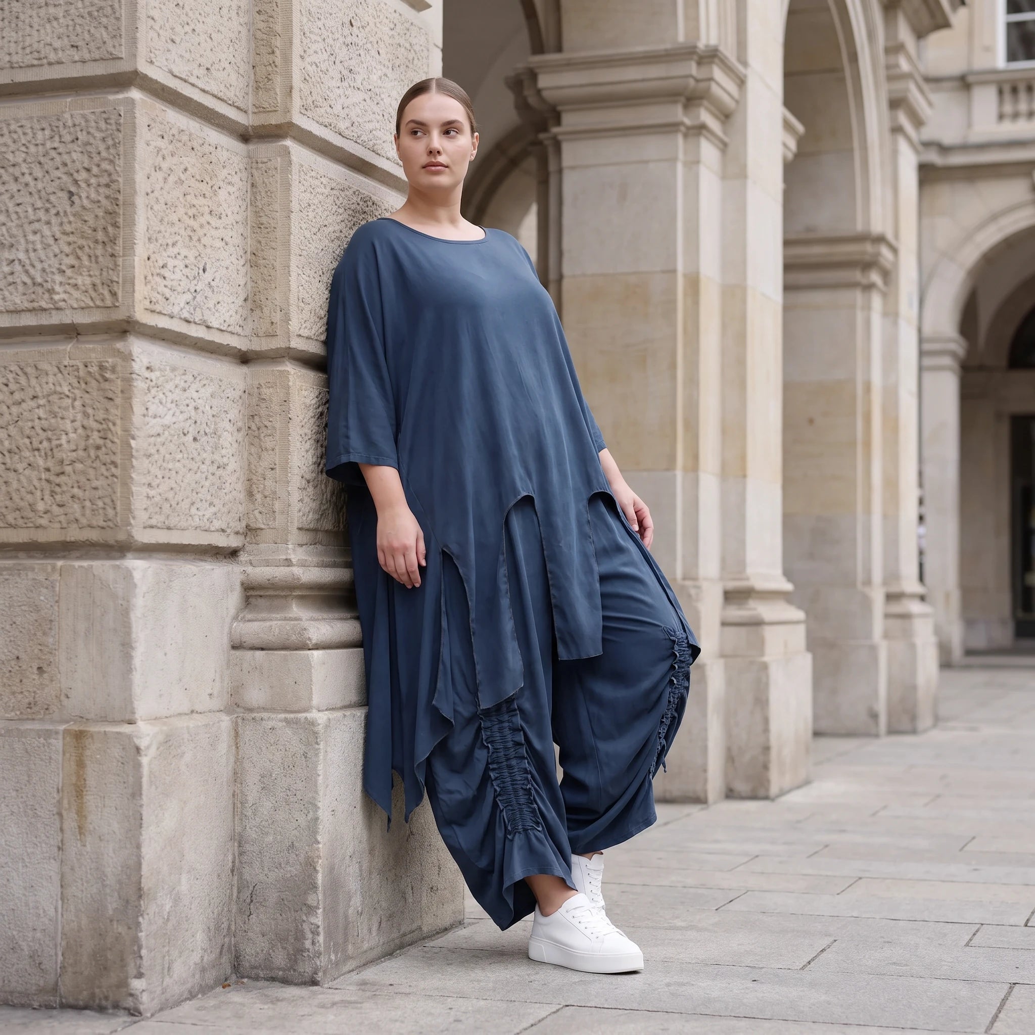 Damen Shirt Avantgarde Lyocell Petrol, A-Linie, Kurzarm, Volant, Oversize große Größen – AKH Premium