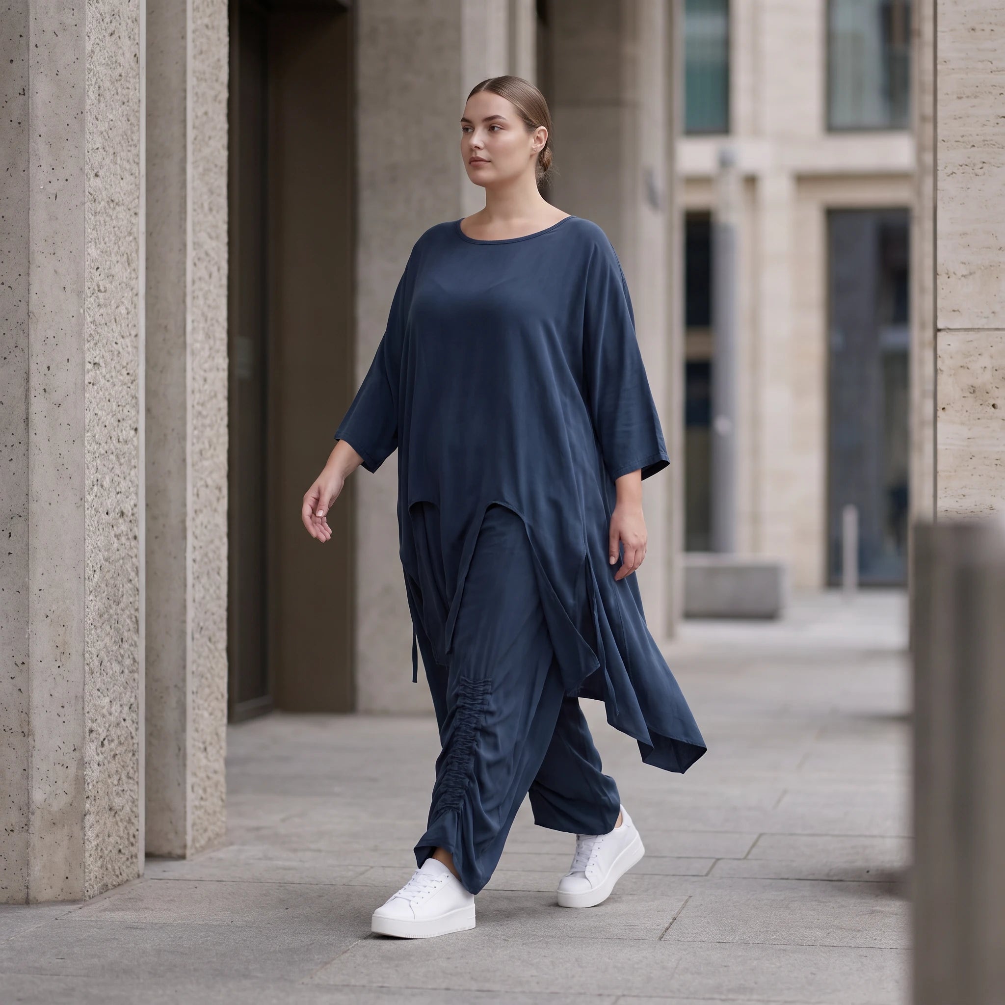 Damen Shirt Avantgarde Lyocell Petrol, A-Linie, Kurzarm, Volant, Oversize große Größen – AKH Premium