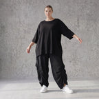 Damen Hose Avantgarde Lyocell Schwarz, Ballonschnitt, Flügeltaschen, Oversize große Größen – AKH Premium