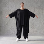 Damen Shirt Avantgarde Lyocell Schwarz, gerader Schnitt, Kurzarm, Volant, Oversize große Größen – AKH Premium