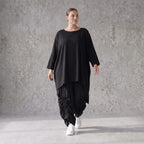 Damen Shirt Avantgarde Lyocell Schwarz, gerader Schnitt, Kurzarm, Volant, Oversize große Größen – AKH Premium