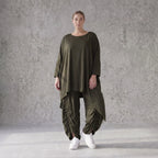 Damen Shirt Avantgarde Lyocell Khaki, gerader Schnitt, Kurzarm, Volant, Oversize große Größen – AKH Premium