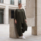 Damen Shirt Avantgarde Lyocell Khaki, gerader Schnitt, Kurzarm, Volant, Oversize große Größen – AKH Premium