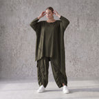 Damen Shirt Avantgarde Lyocell Khaki, gerader Schnitt, Kurzarm, Volant, Oversize große Größen – AKH Premium