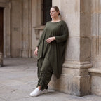 Damen Shirt Avantgarde Lyocell Khaki, gerader Schnitt, Kurzarm, Volant, Oversize große Größen – AKH Premium