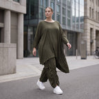 Damen Shirt Avantgarde Lyocell Khaki, gerader Schnitt, Kurzarm, Volant, Oversize große Größen – AKH Premium