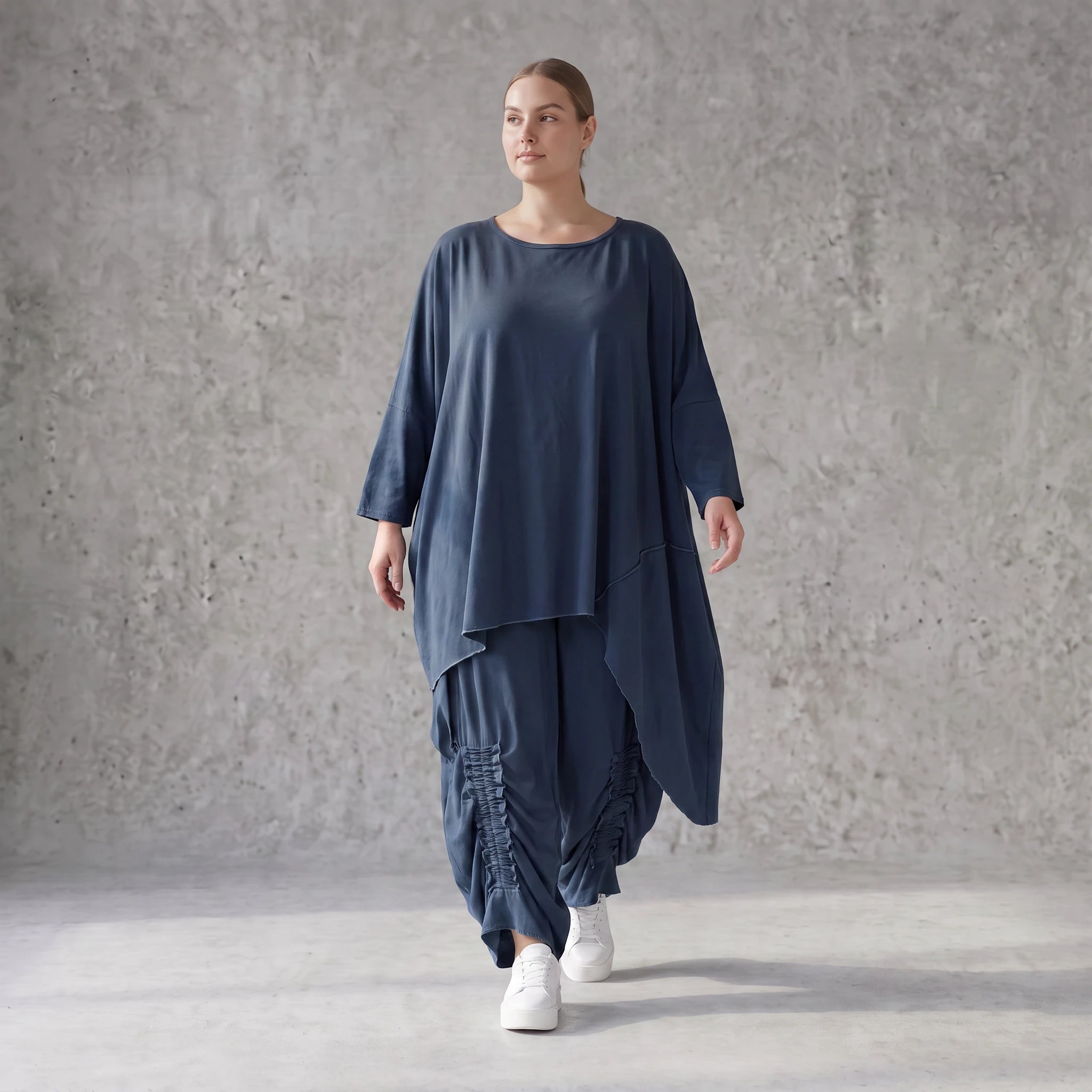 Damen Shirt Avantgarde Lyocell Petrol, gerader Schnitt, Kurzarm, Volant, Oversize große Größen – AKH Premium