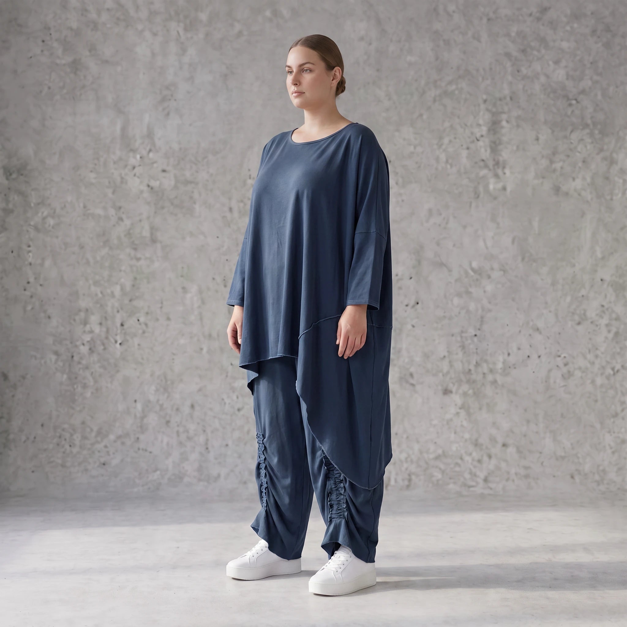 Damen Shirt Avantgarde Lyocell Petrol, gerader Schnitt, Kurzarm, Volant, Oversize große Größen – AKH Premium
