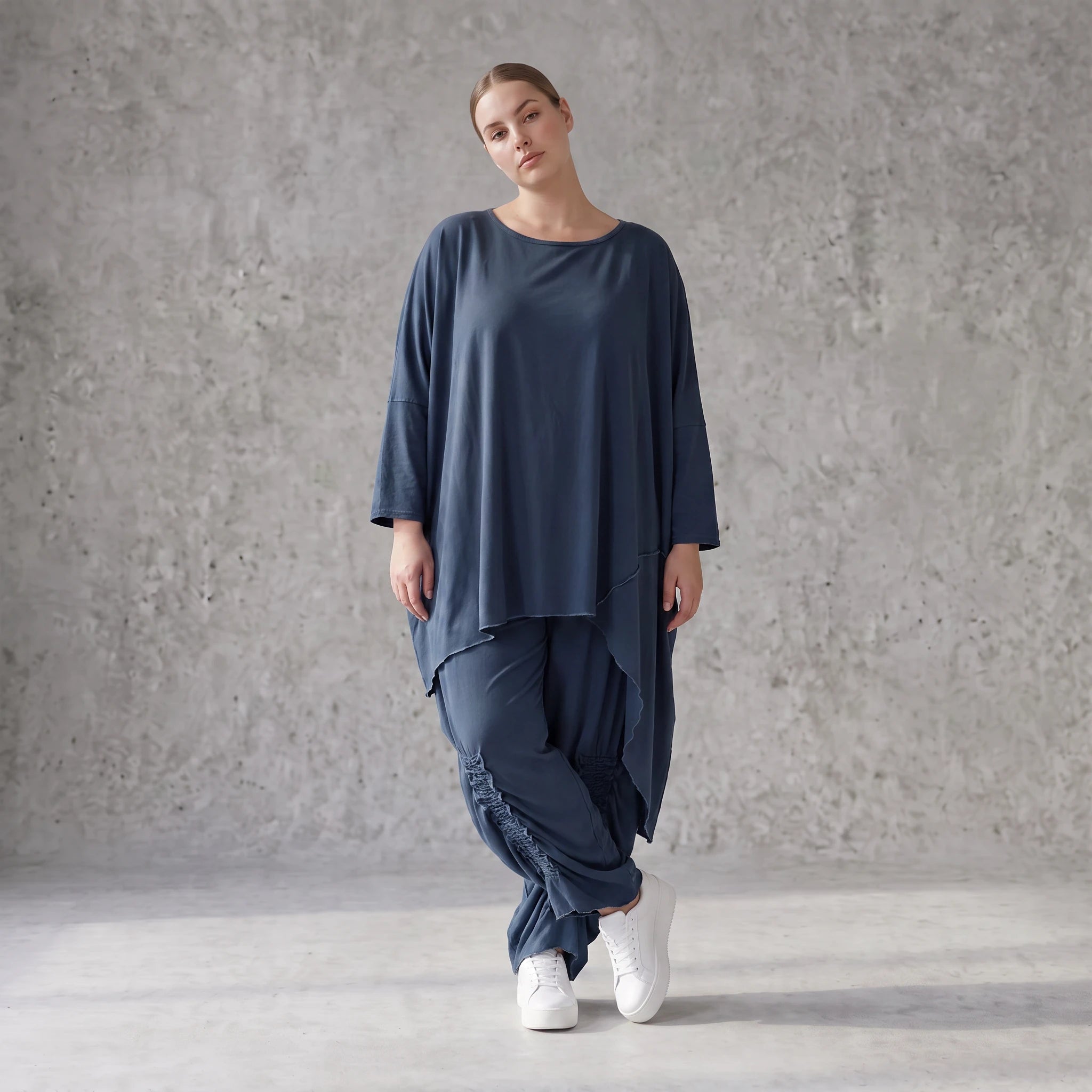 Damen Shirt Avantgarde Lyocell Petrol, gerader Schnitt, Kurzarm, Volant, Oversize große Größen – AKH Premium