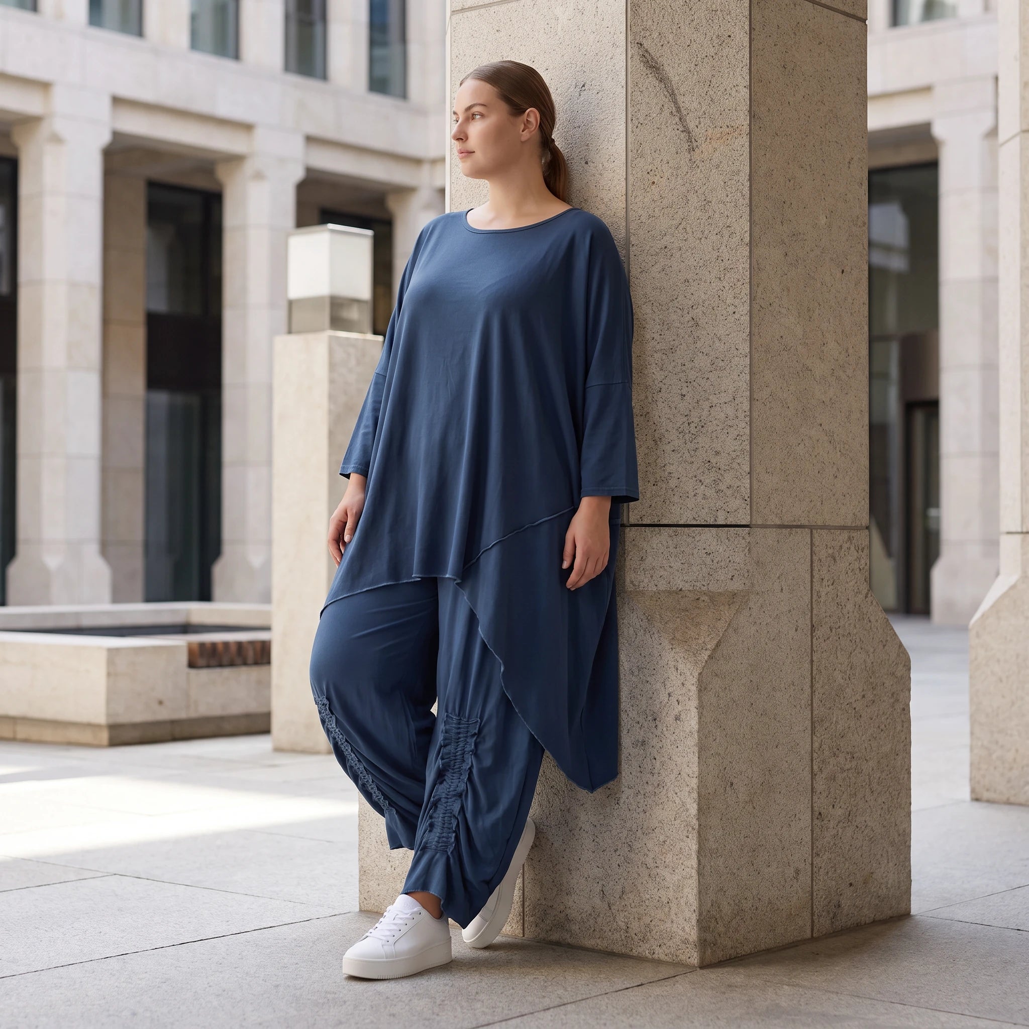 Damen Shirt Avantgarde Lyocell Petrol, gerader Schnitt, Kurzarm, Volant, Oversize große Größen – AKH Premium