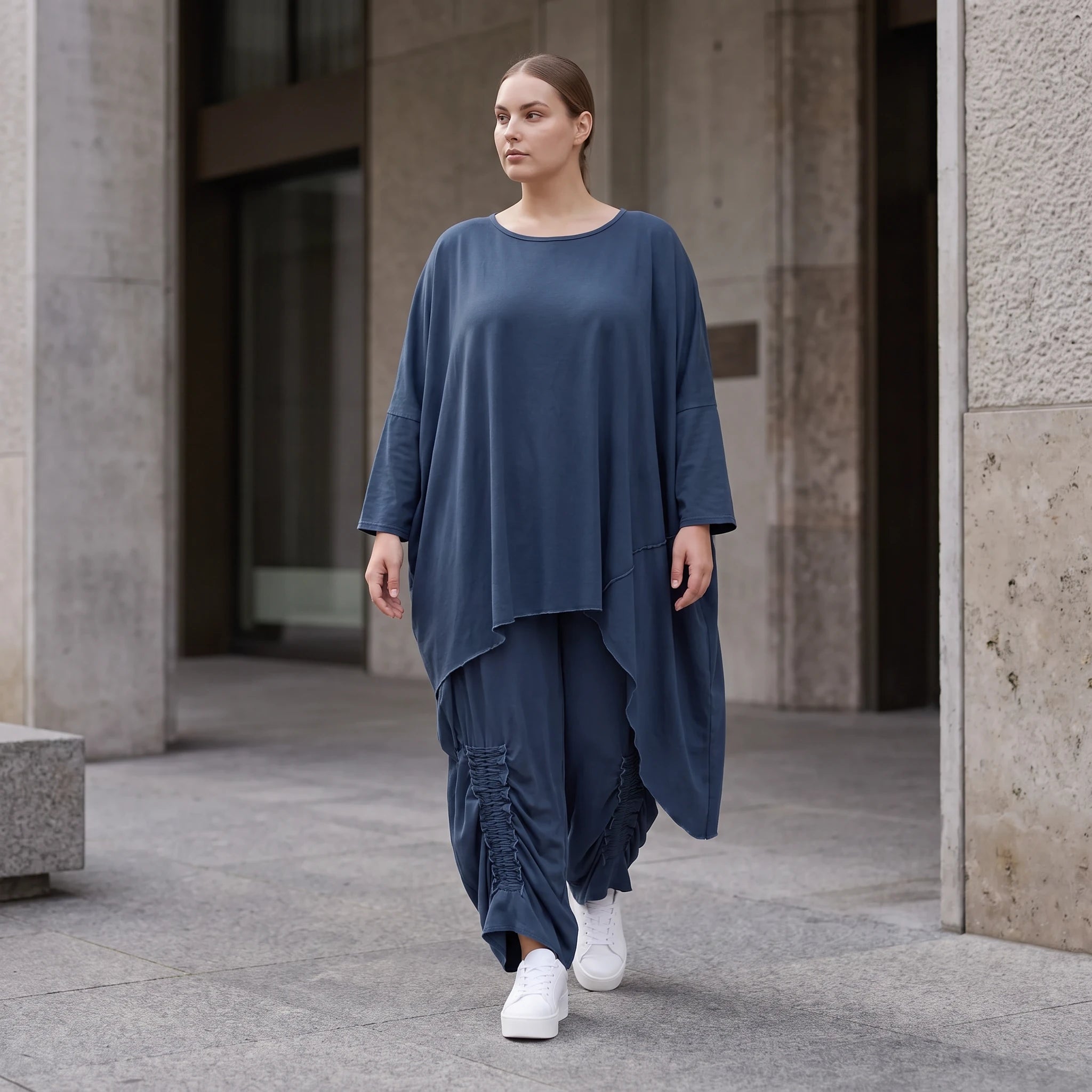 Damen Shirt Avantgarde Lyocell Petrol, gerader Schnitt, Kurzarm, Volant, Oversize große Größen – AKH Premium