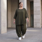 Damen Hose Avantgarde Lyocell Khaki, Ballonschnitt, Oversize große Größen – AKH Premium