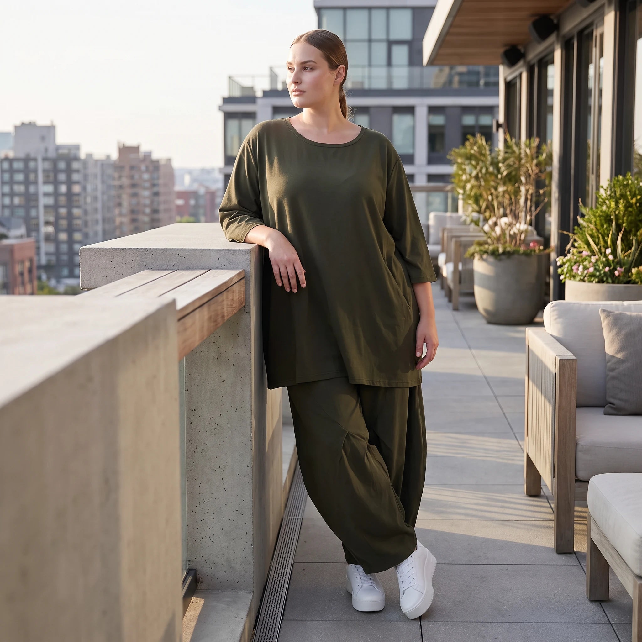 Damen Hose Avantgarde Lyocell Khaki, Ballonschnitt, Oversize große Größen – AKH Premium