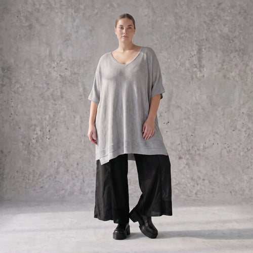 Damen Shirt Avantgarde Baumwolle Grau, A-Linie, Langarm, V-Ausschnitt, Oversize große Größen – AKH Premium