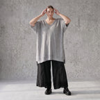 Damen Shirt Avantgarde Baumwolle Grau, A-Linie, Langarm, V-Ausschnitt, Oversize große Größen – AKH Premium