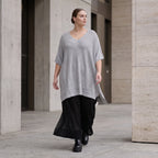 Damen Shirt Avantgarde Baumwolle Grau, A-Linie, Langarm, V-Ausschnitt, Oversize große Größen – AKH Premium