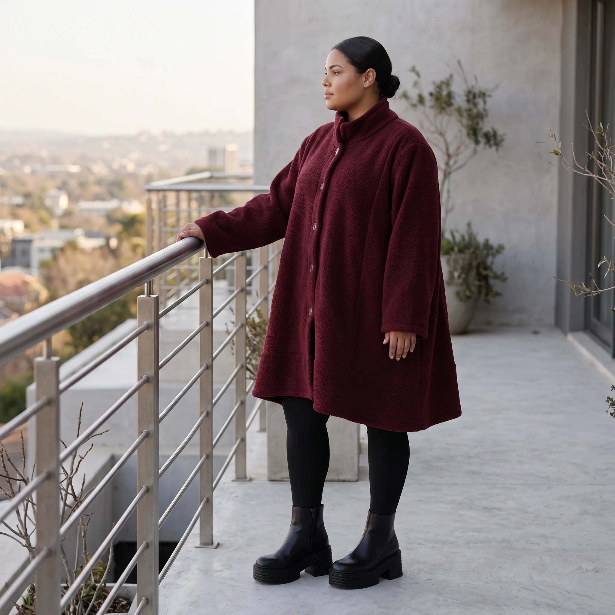 warme Teddyjacke in Weinrot mit Stehkragen und Knopfverschluss in femininer A-Linie