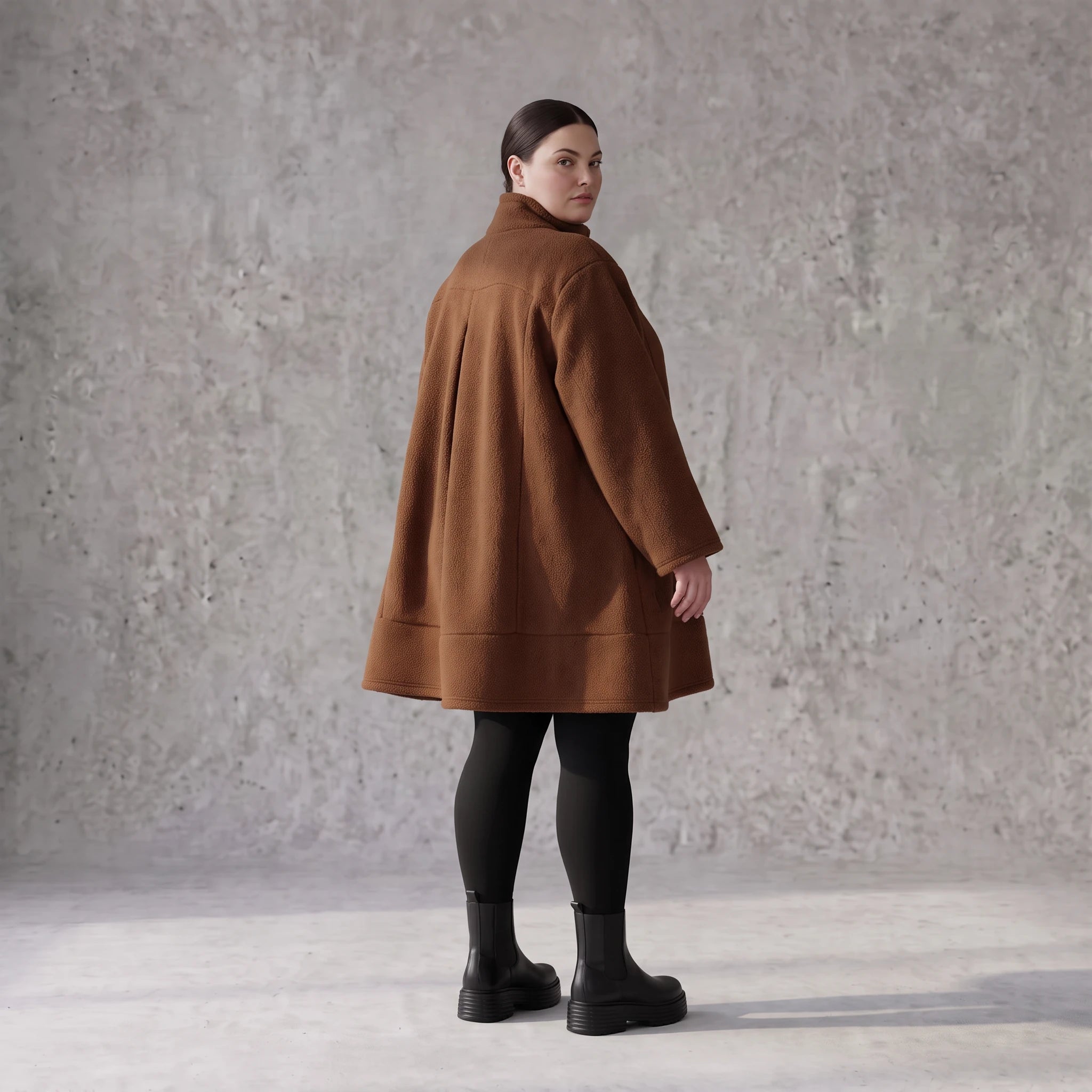 Braune Teddyjacke in A-Linie mit Kellerfalte Stehkragen und Knopfleiste für Winter
