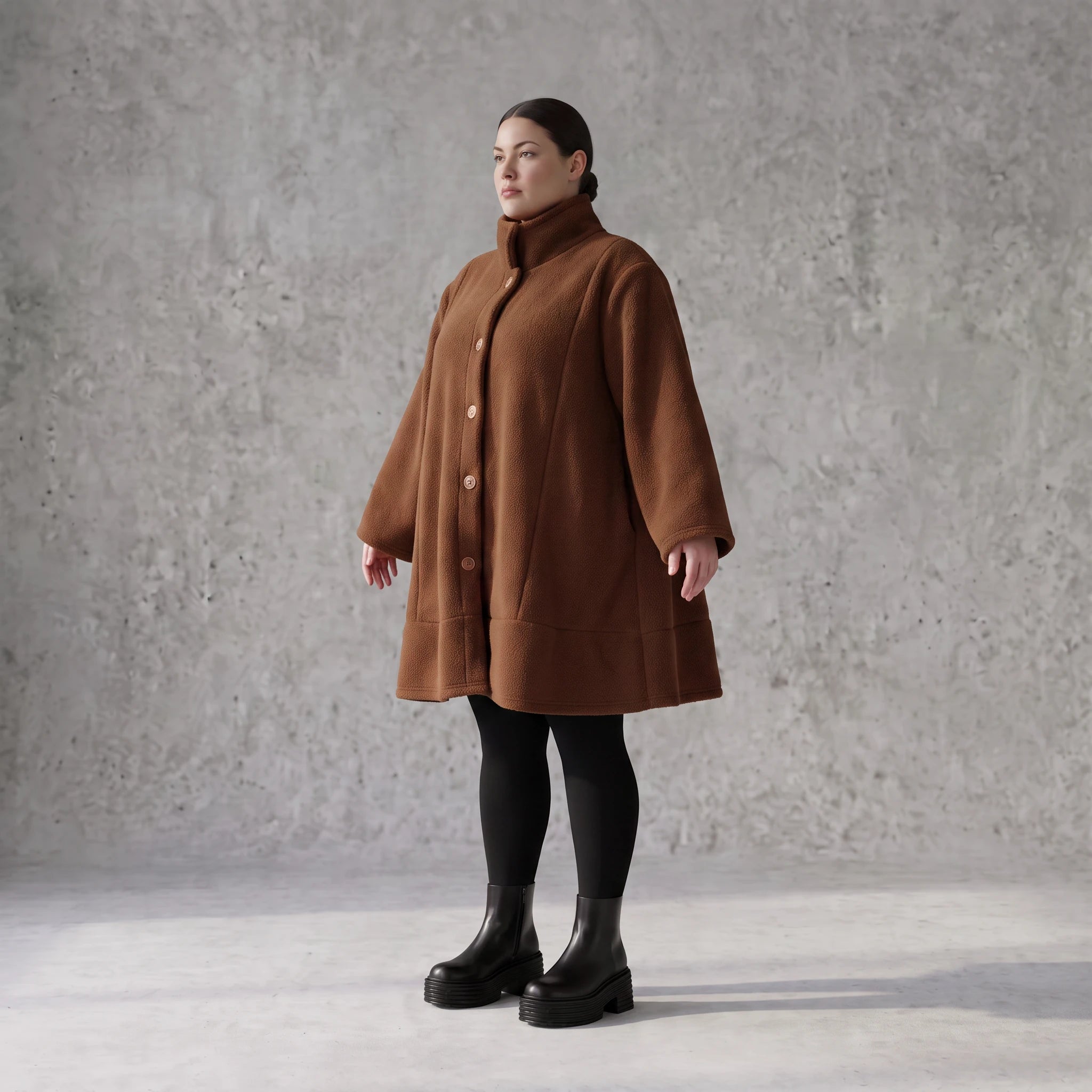 Braune Teddyjacke in A-Linie mit Kellerfalte Stehkragen und Knopfleiste für Winter