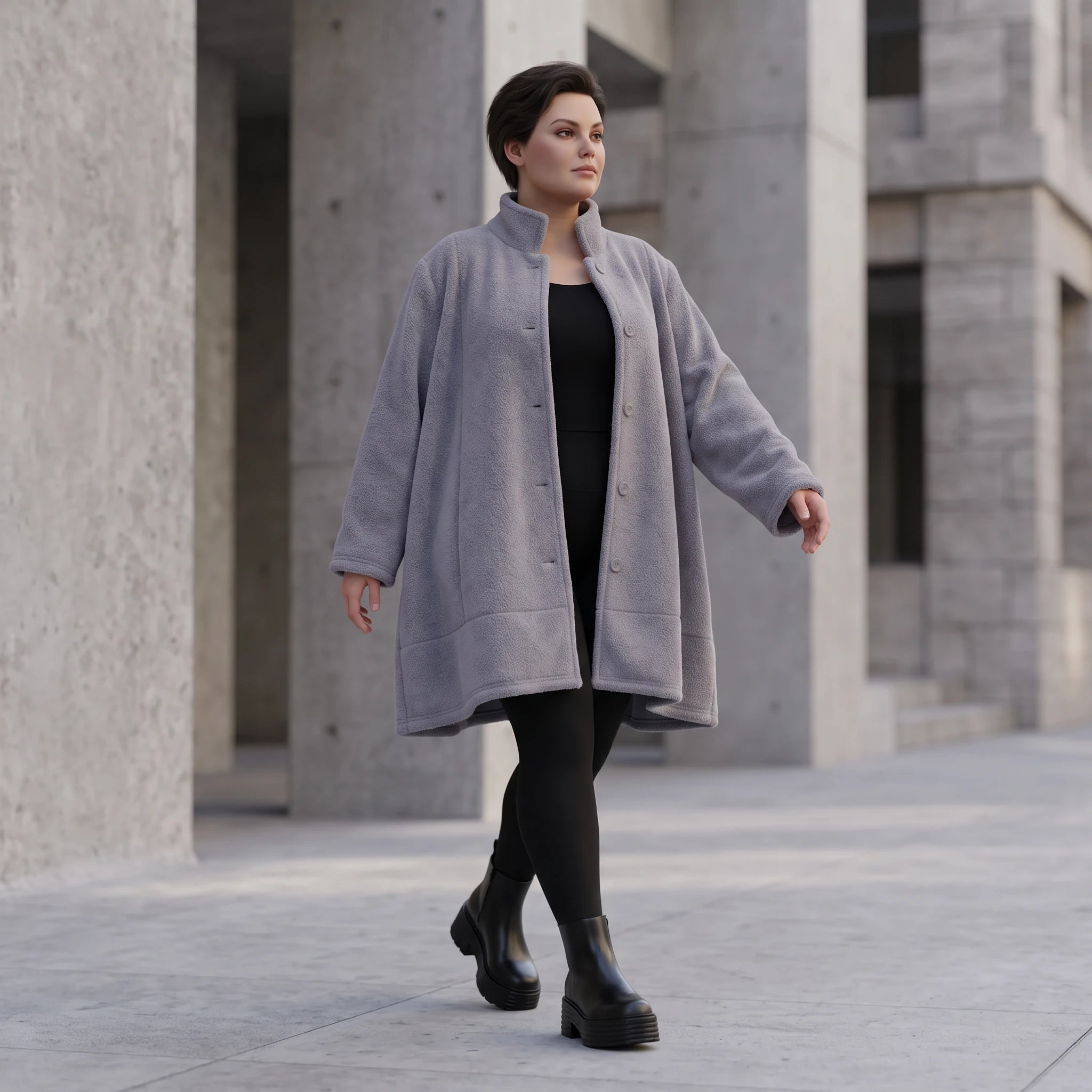 Graue Teddyjacke in A-Linie mit Stehkragen Knopfleiste Kellerfalte und Taschen warm