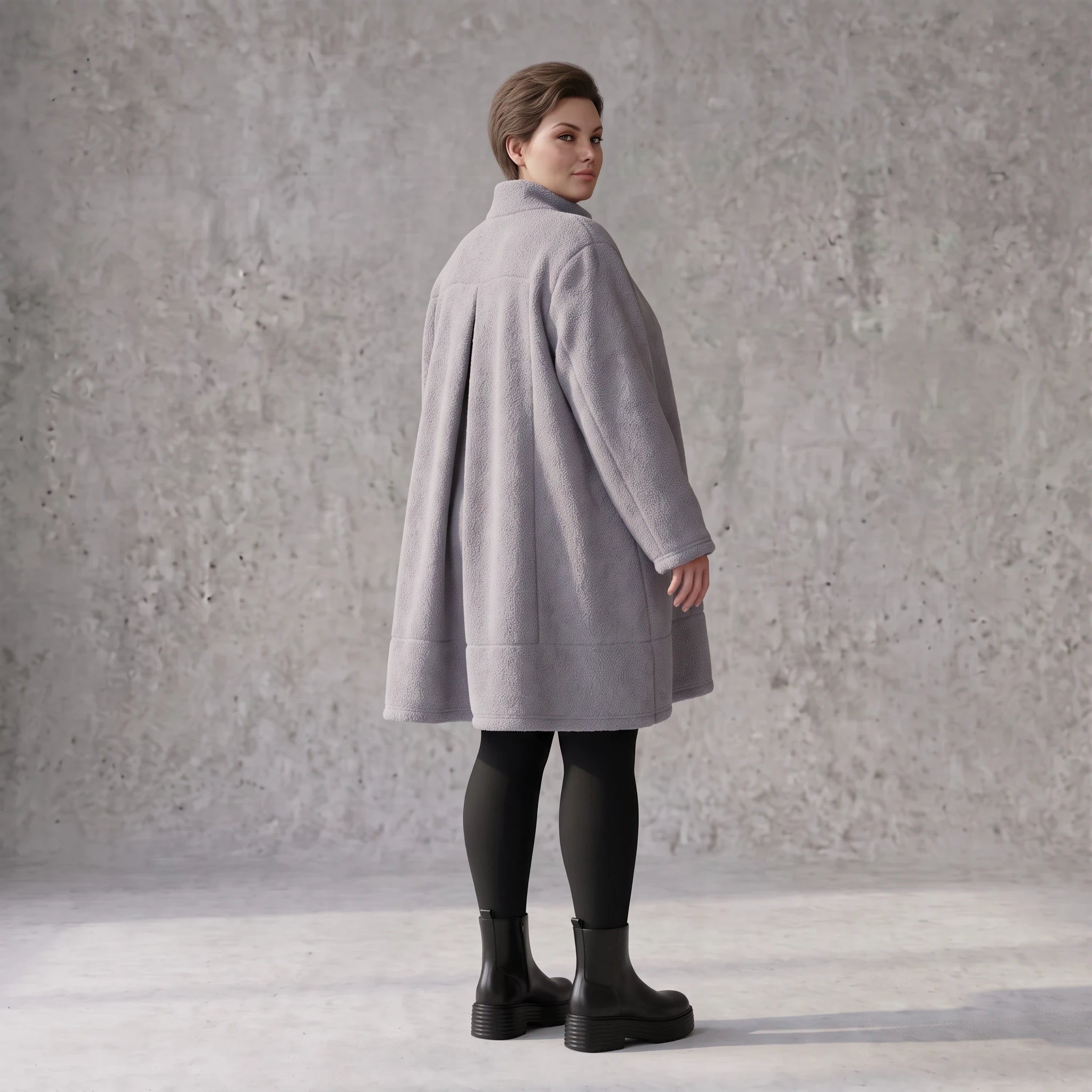 Graue Teddyjacke in A-Linie mit Stehkragen Knopfleiste Kellerfalte und Taschen warm