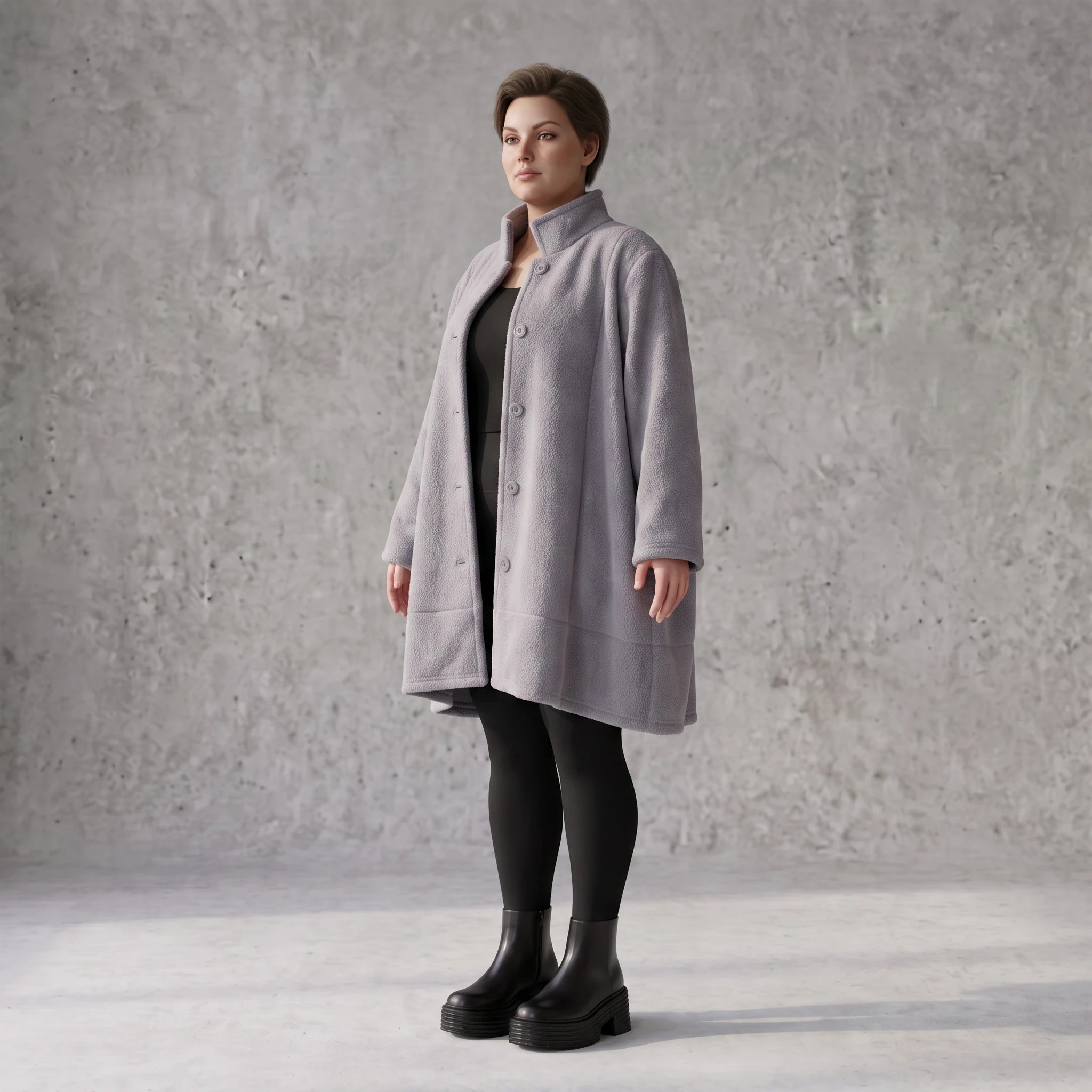 Graue Teddyjacke in A-Linie mit Stehkragen Knopfleiste Kellerfalte und Taschen warm