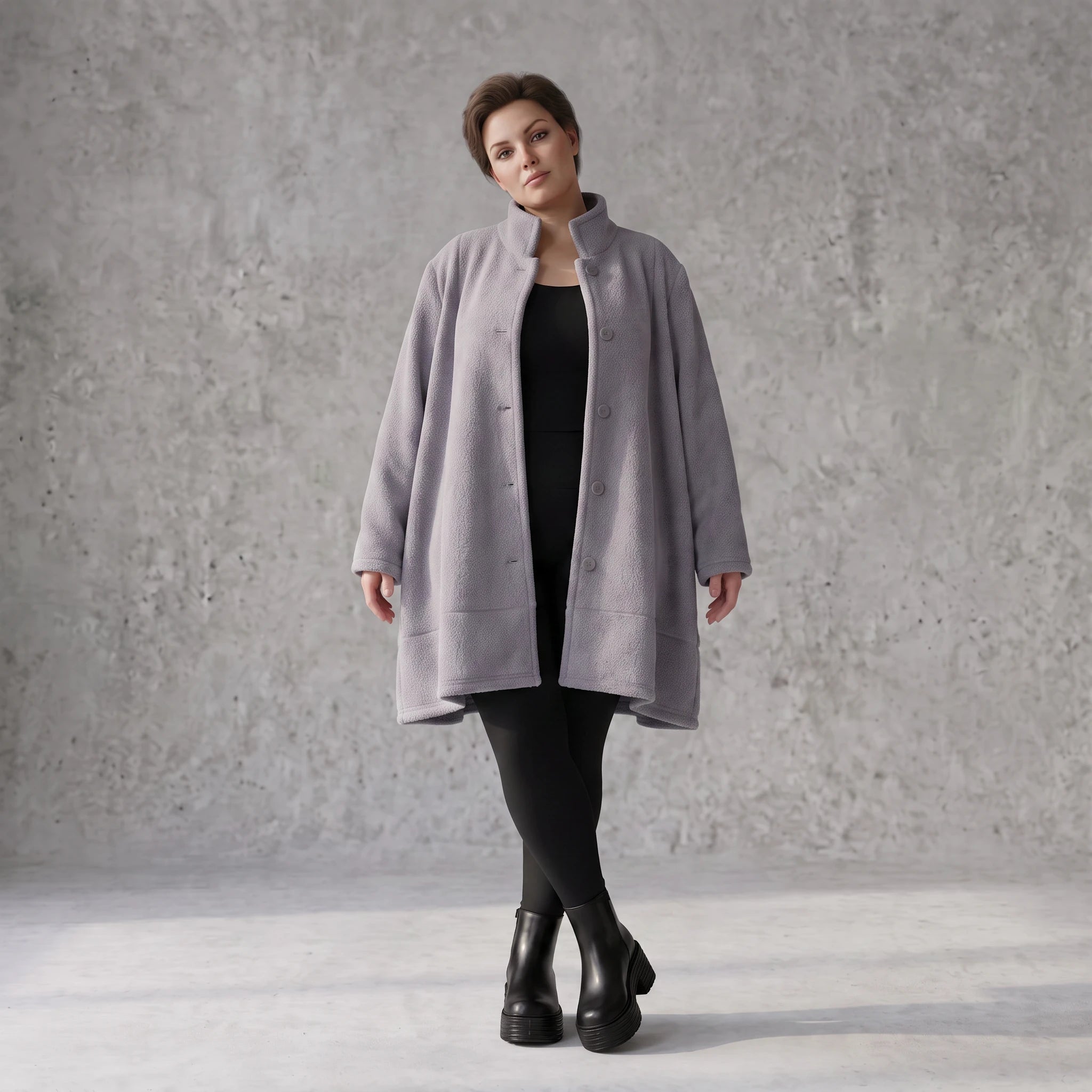 Graue Teddyjacke in A-Linie mit Stehkragen Knopfleiste Kellerfalte und Taschen warm