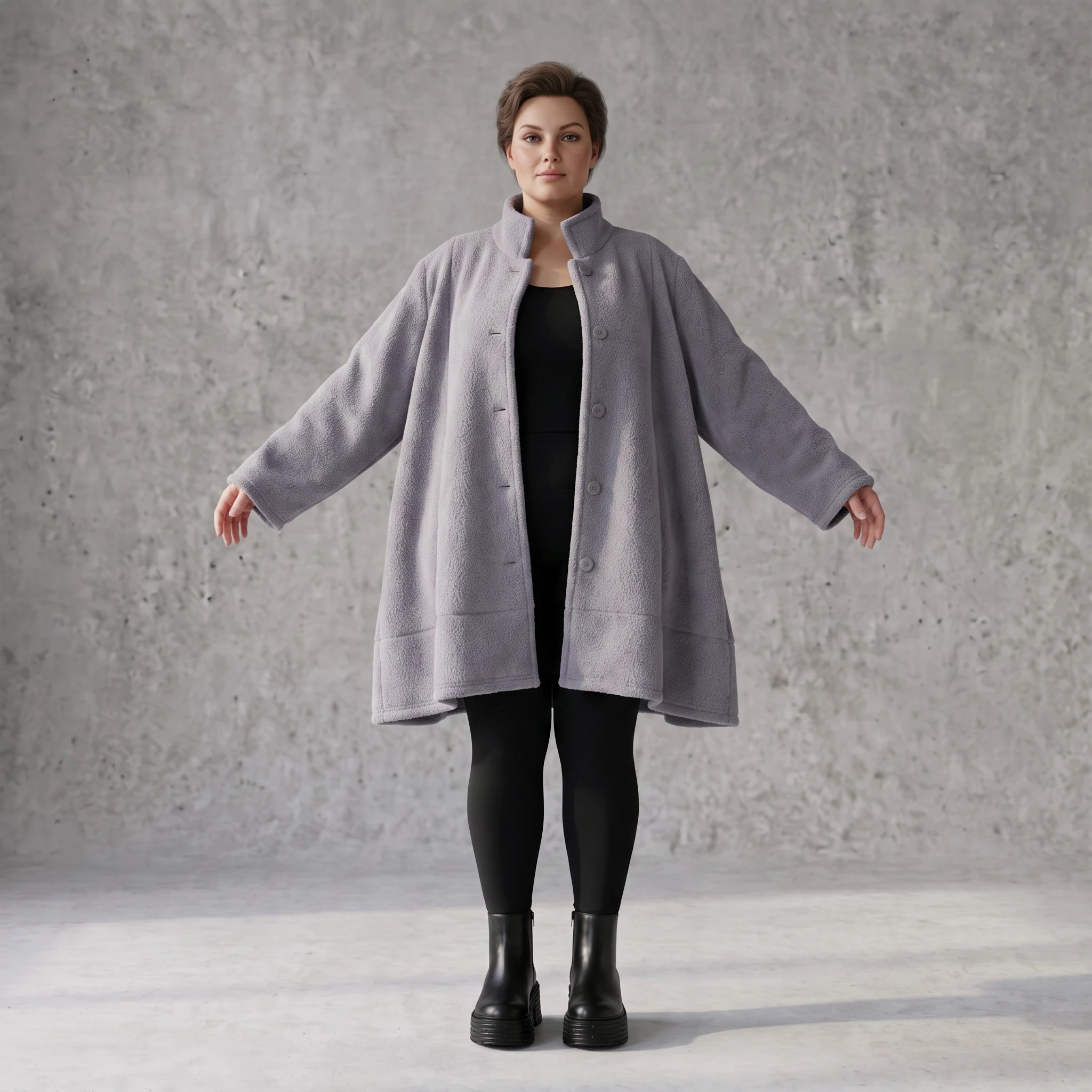 Graue Teddyjacke in A-Linie mit Stehkragen Knopfleiste Kellerfalte und Taschen warm