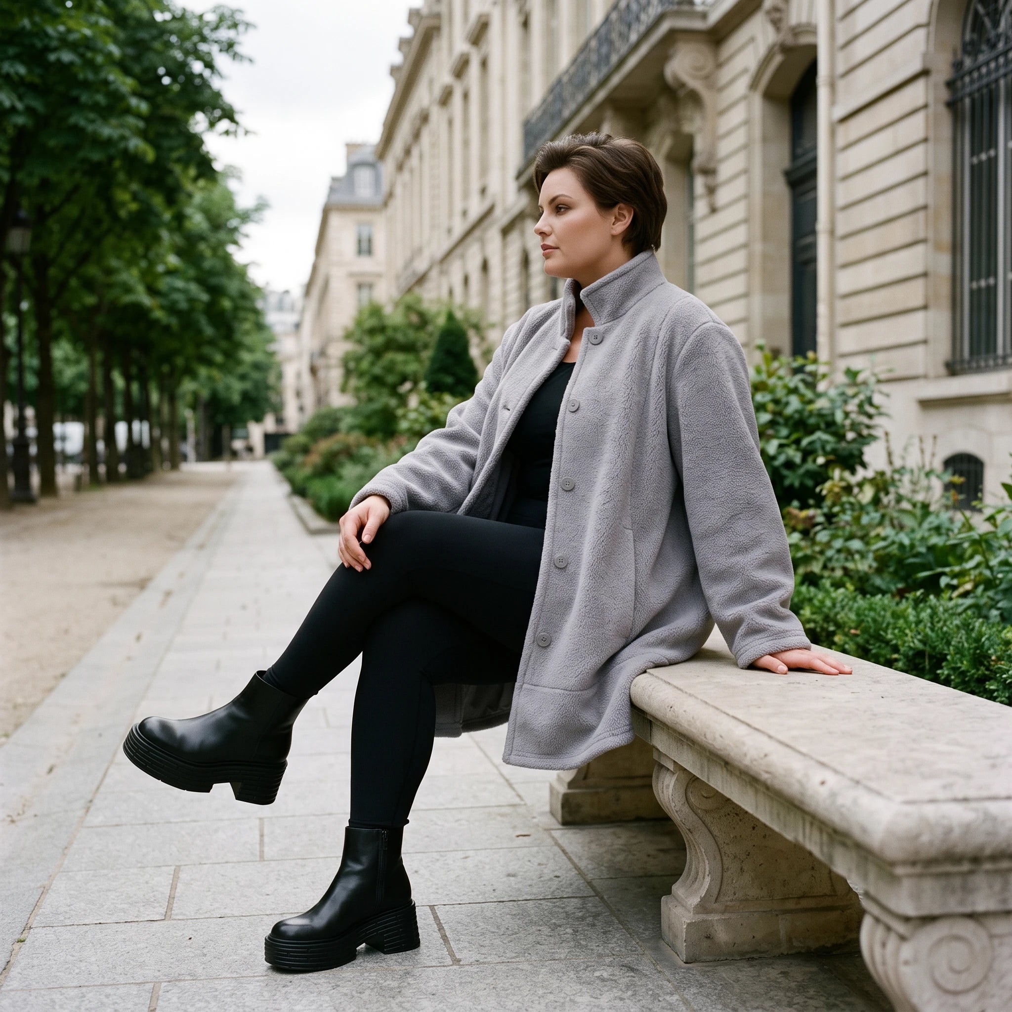 Graue Teddyjacke in A-Linie mit Stehkragen Knopfleiste Kellerfalte und Taschen warm