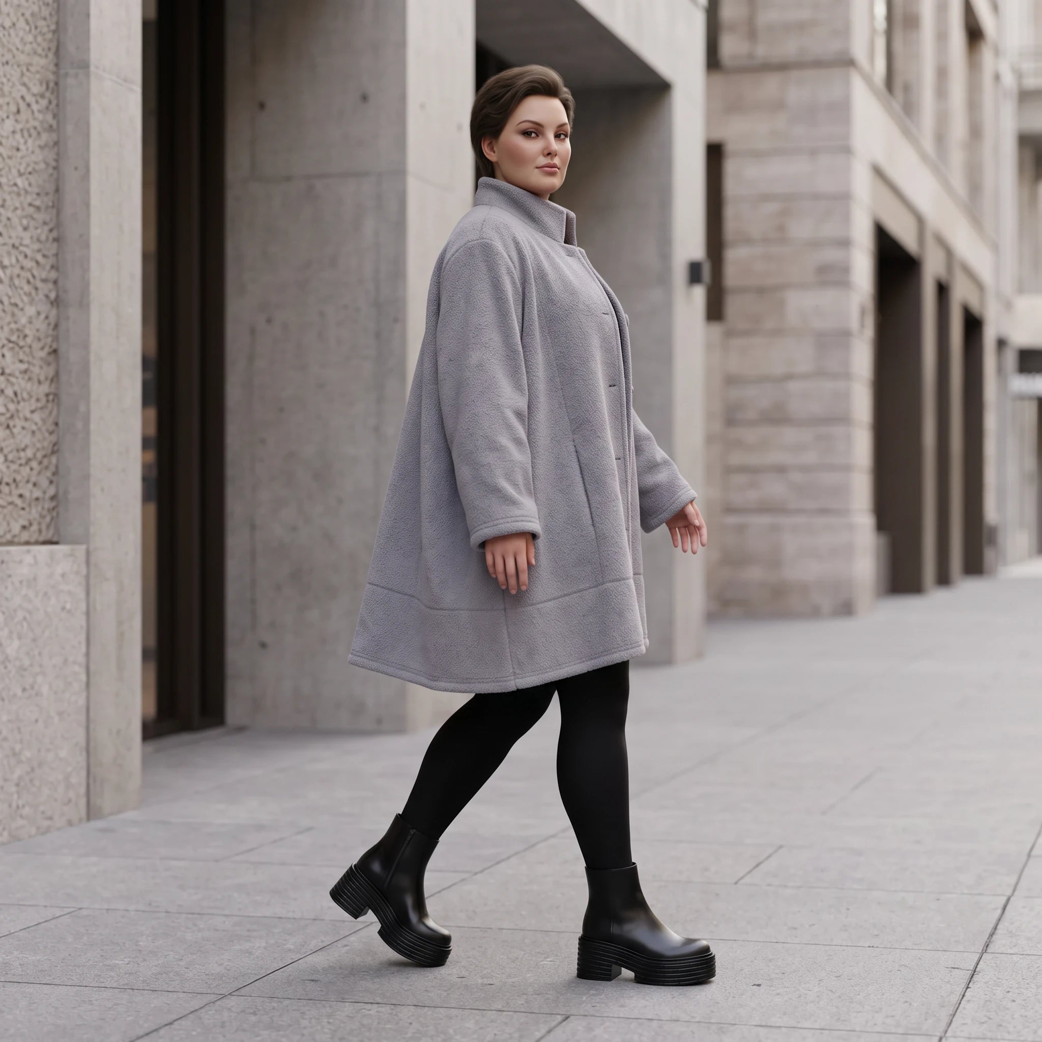 Graue Teddyjacke in A-Linie mit Stehkragen Knopfleiste Kellerfalte und Taschen warm