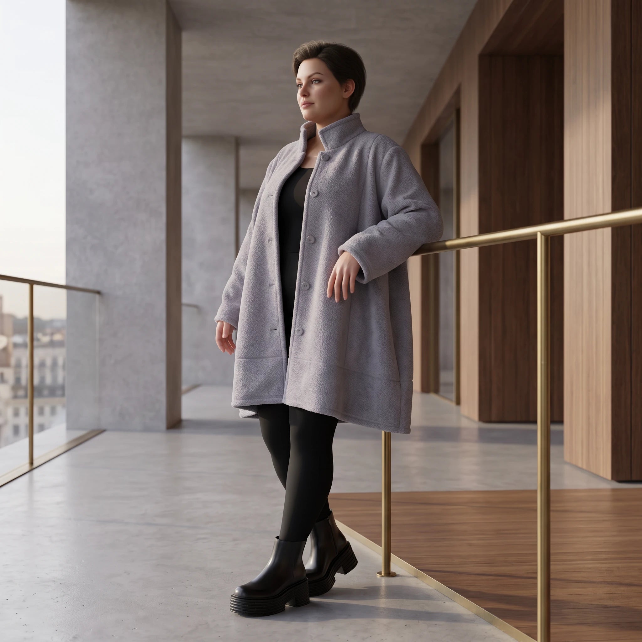 Graue Teddyjacke in A-Linie mit Stehkragen Knopfleiste Kellerfalte und Taschen warm