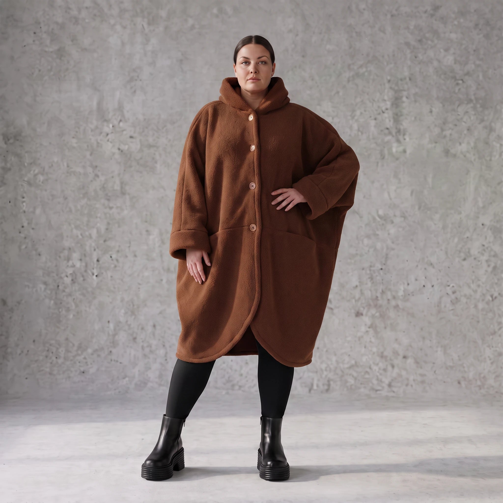 Teddymantel in Beige mit Kapuze Knopfverschluss Taschen und geradem Schnitt warm weich