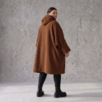 Teddymantel in Beige mit Kapuze Knopfverschluss Taschen und geradem Schnitt warm weich