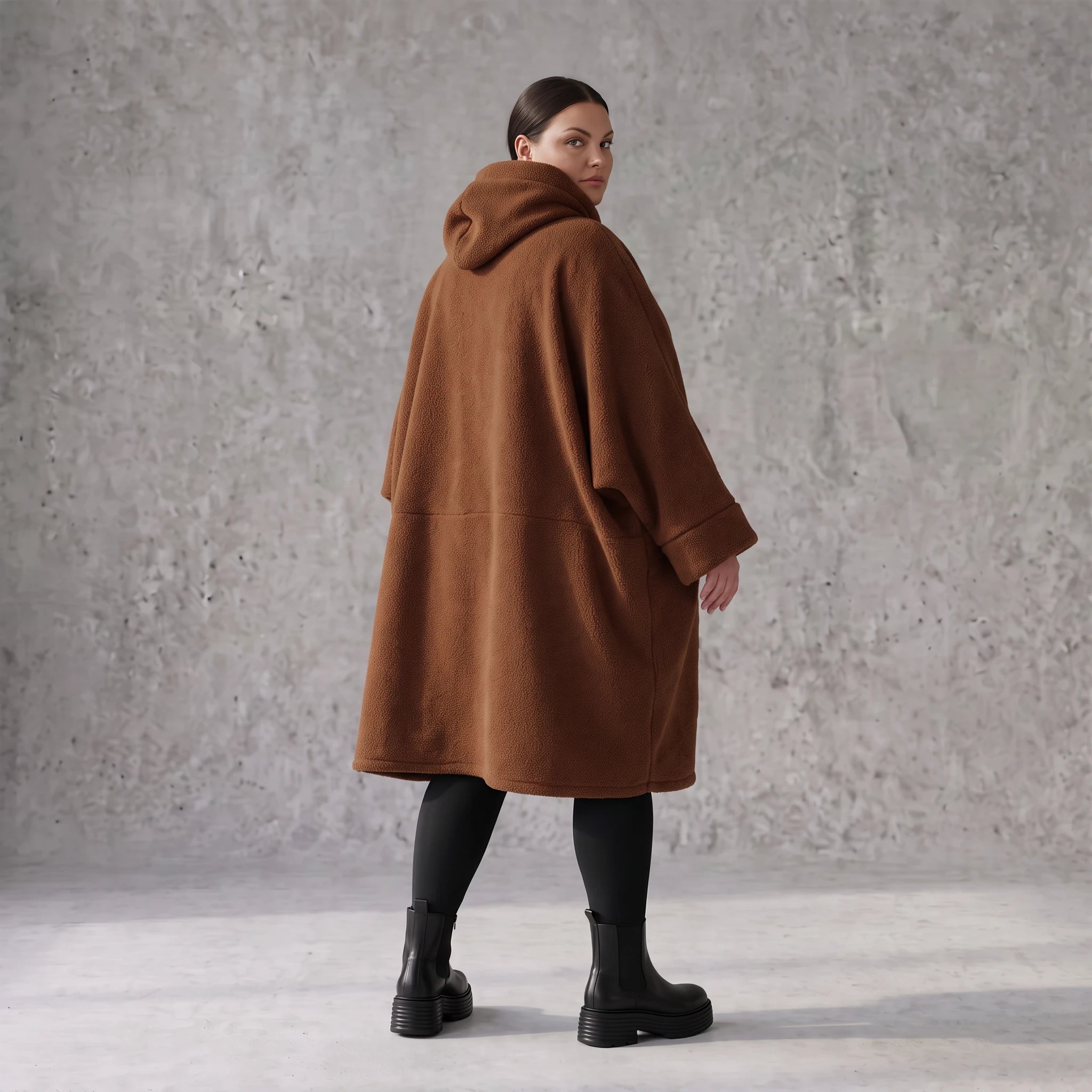 Teddymantel in Beige mit Kapuze Knopfverschluss Taschen und geradem Schnitt warm weich