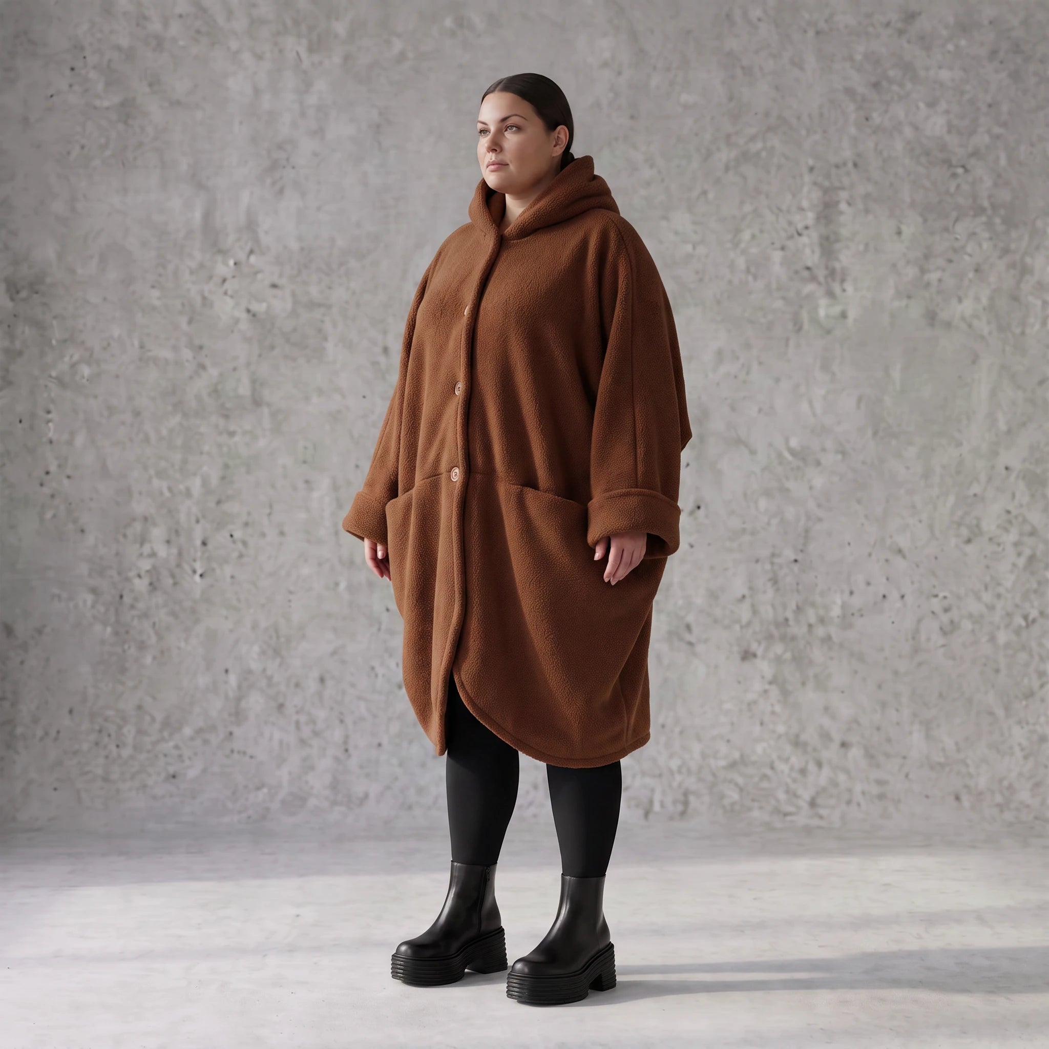 Teddymantel in Beige mit Kapuze Knopfverschluss Taschen und geradem Schnitt warm weich